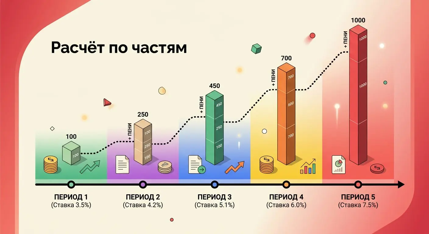 Расчёт пени по частям при смене ключевой ставки ЦБ: таблица разбивки по периодам