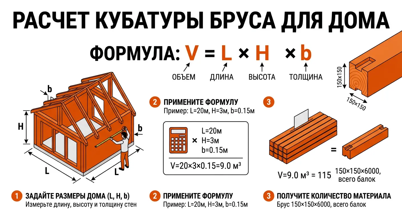 калькулятор дома из бруса формула расчета объема V = L*H*b по ГОСТ 18288-77 — инфографика на русском