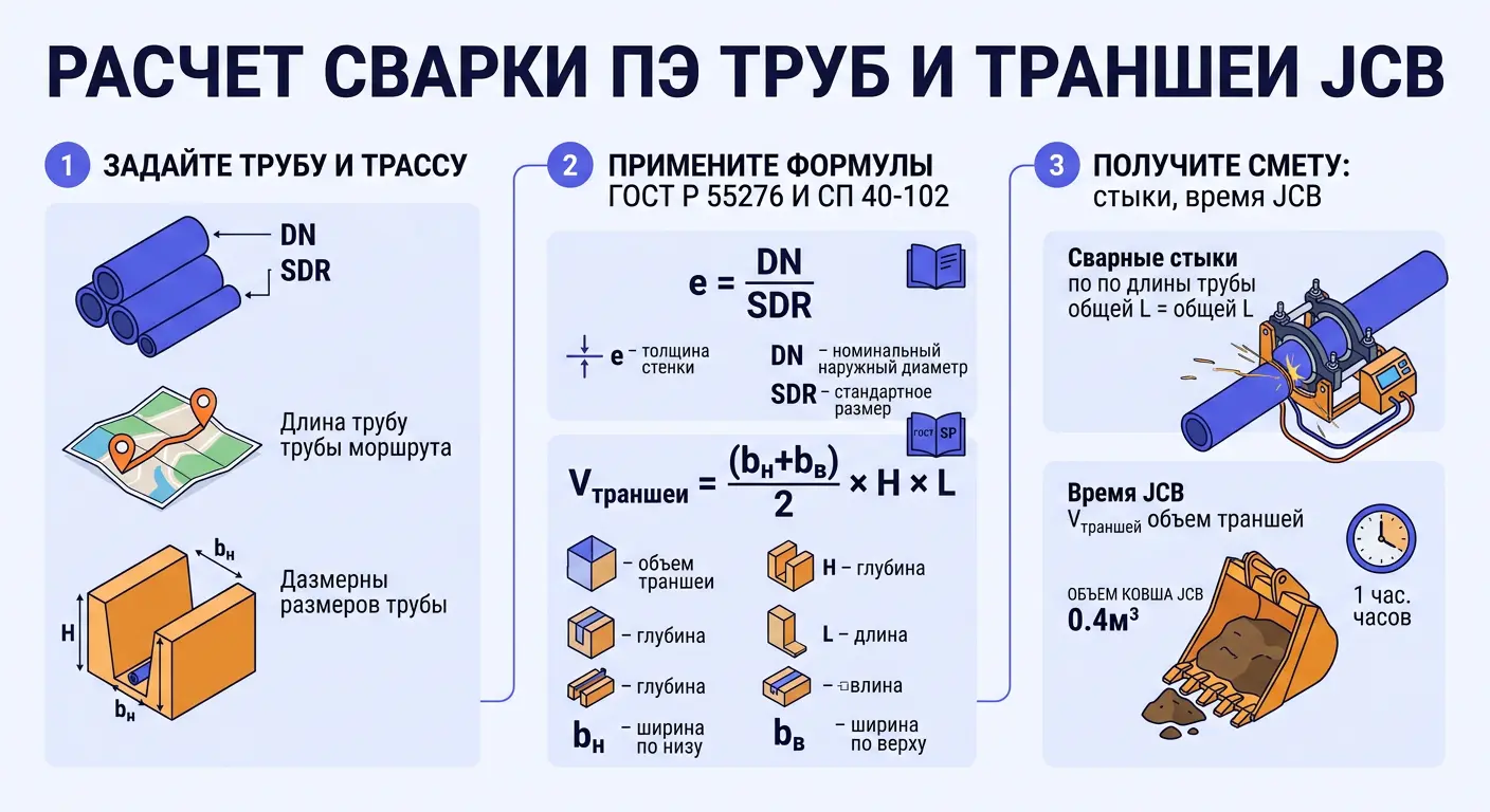 калькулятор стыковой сварки ПЭ труб формула V траншеи и время сварки по ГОСТ Р 55276 инфографика на русском
