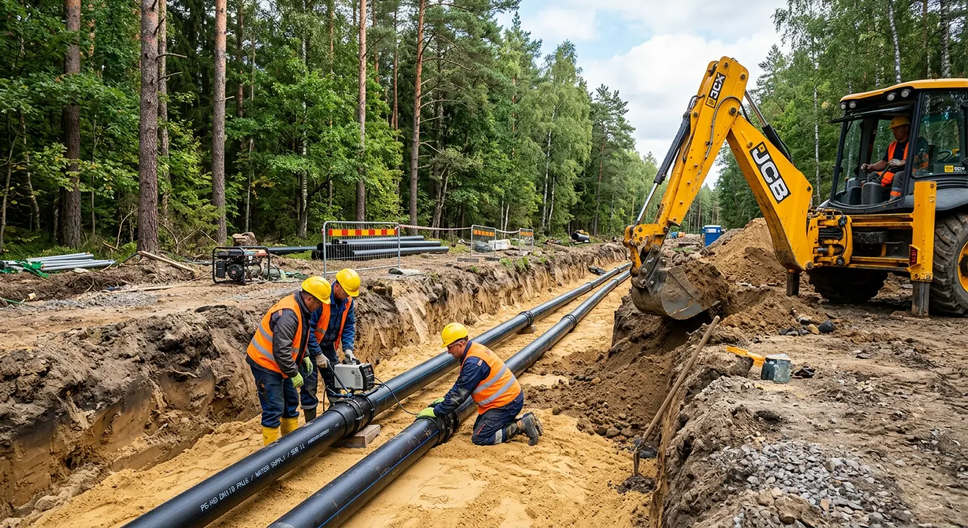 калькулятор стыковой сварки ПЭ труб пример траншеи JCB экскаватор укладка труб под воду