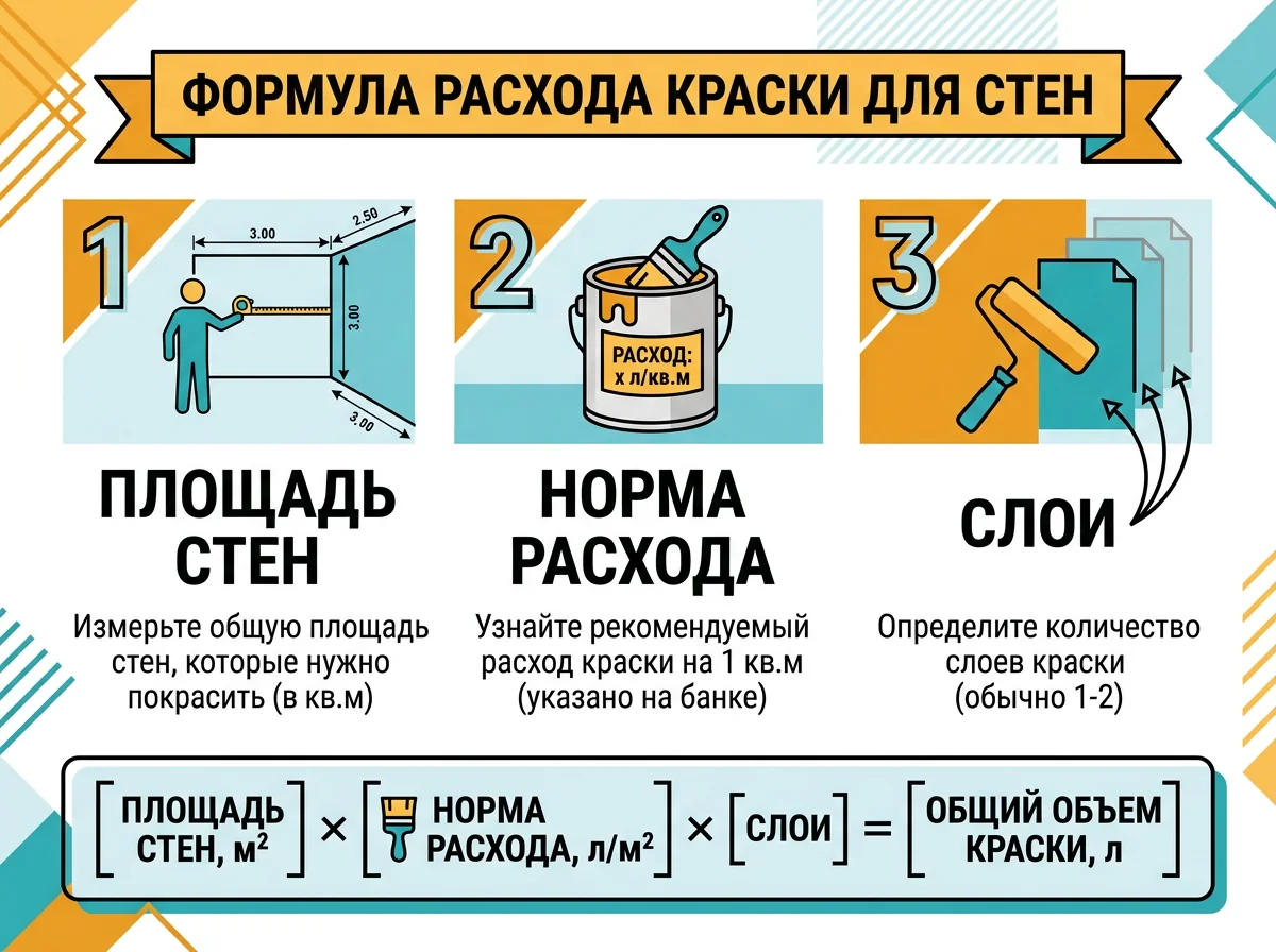 таблица норм расхода краски на 1 м2 стены по ГОСТ 28196-89 — инфографика онлайн калькулятора расхода краски на стены