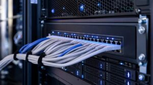 калькулятор ip-подсетей — сетевой коммутатор с патч-кордами в серверной стойке с синей подсветкой портов