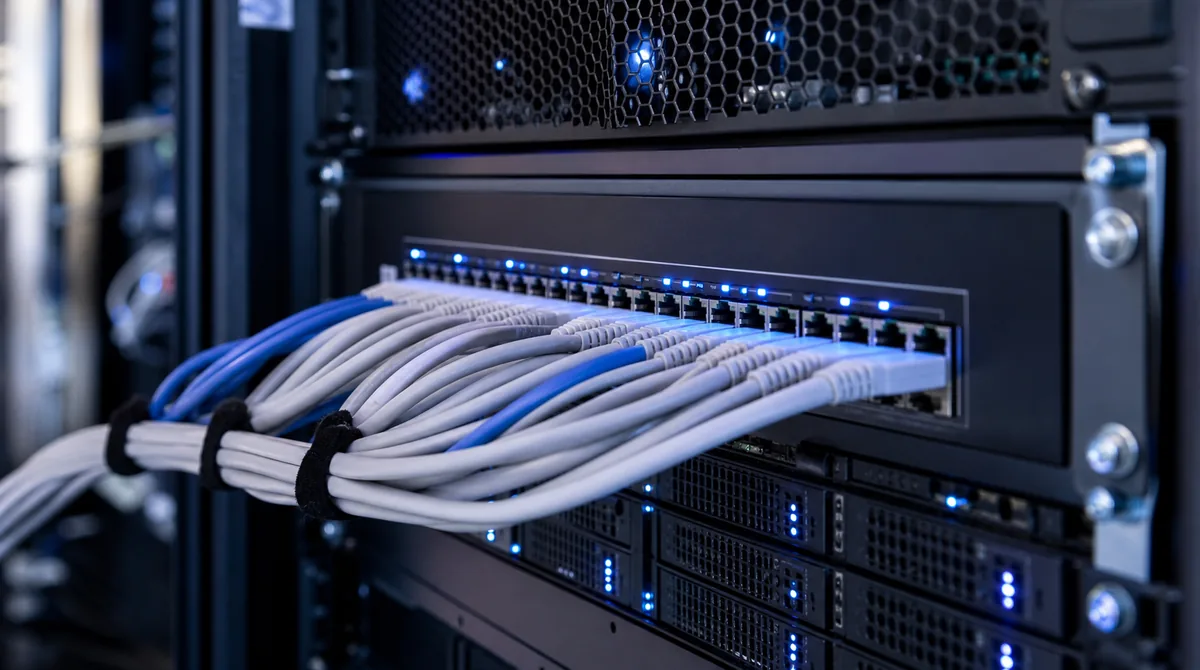 калькулятор ip-подсетей — сетевой коммутатор с патч-кордами в серверной стойке с синей подсветкой портов
